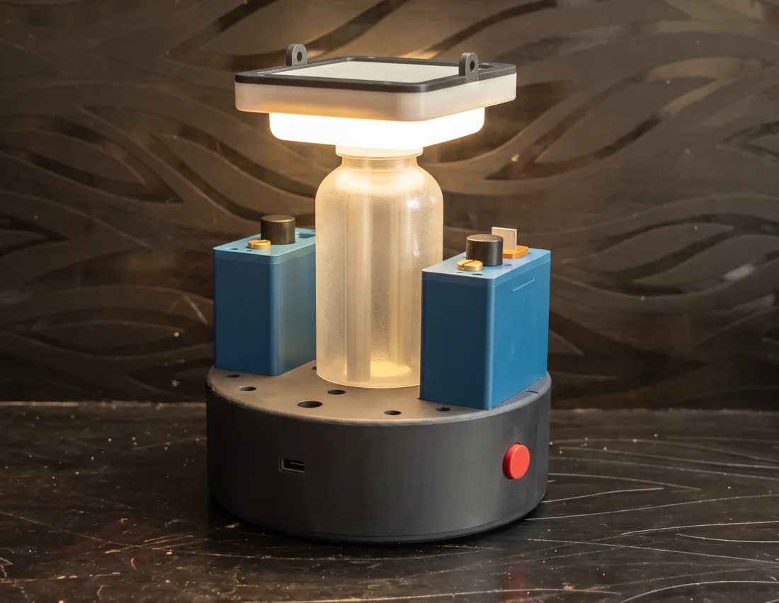 Solar and salt-water emergency lamp, lit, with two blue backup cells beside a frosted light column